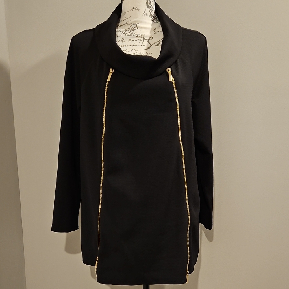 Coco Bianco Black Cowl Neck Tunic with Gold Zipper Accents XL
